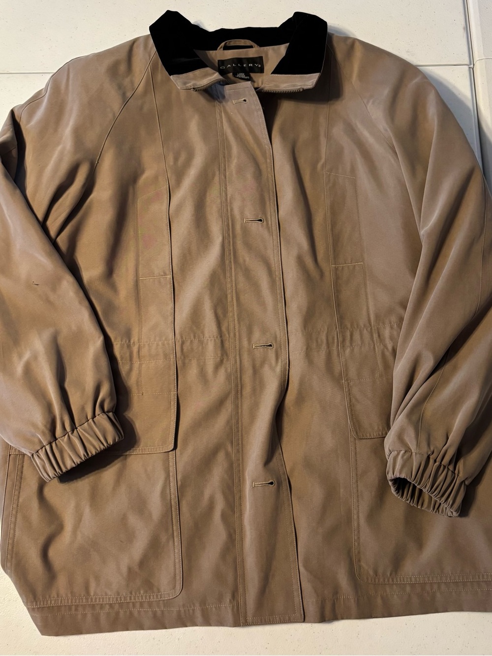 Gallery womens Taupe Raincoat with Black Collar